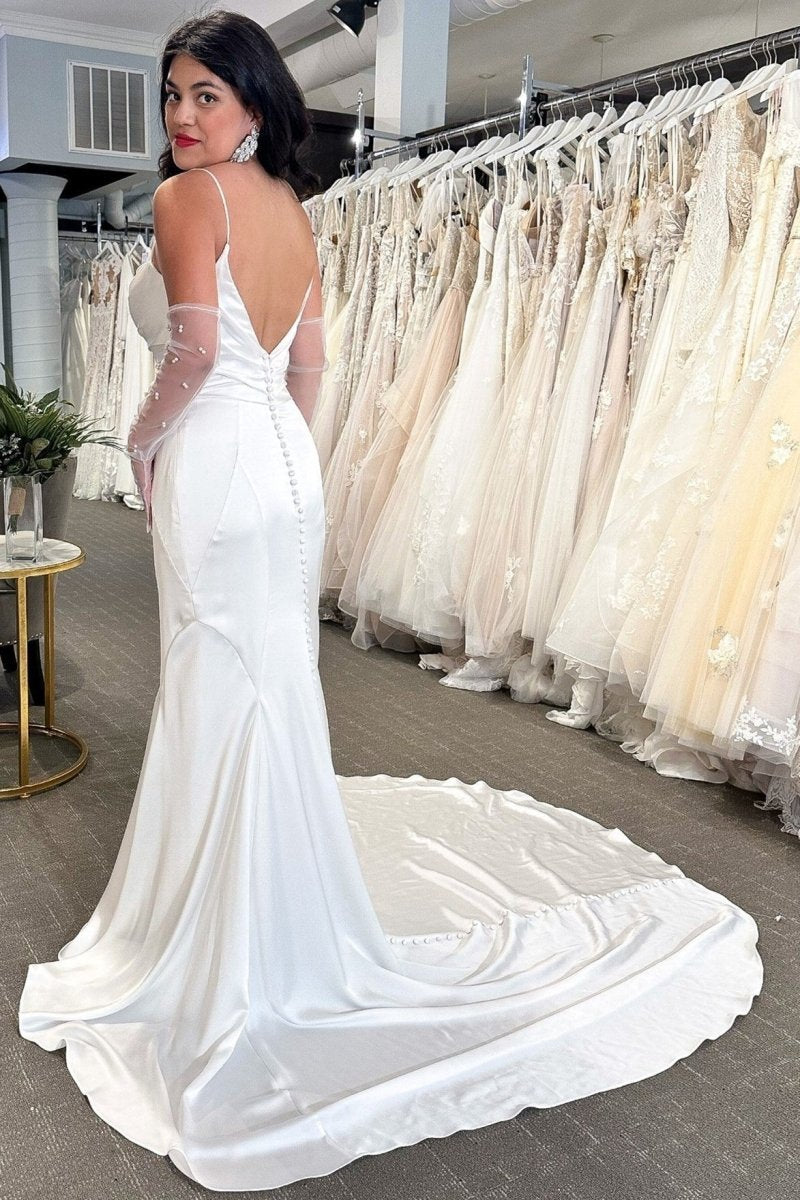 Cowl Neck CoveButton Back Mermaid Long Wedding Dresses