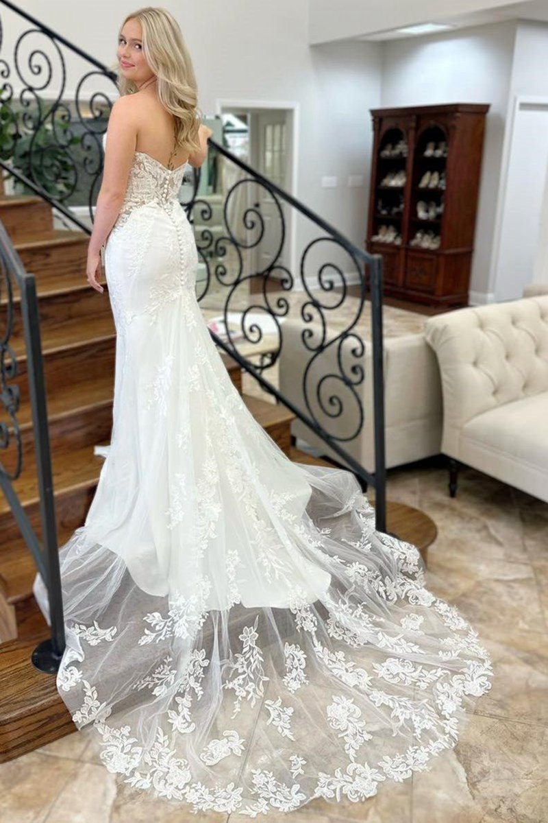 Lace Strapless Appliques Mermaid Long Wedding Dresses