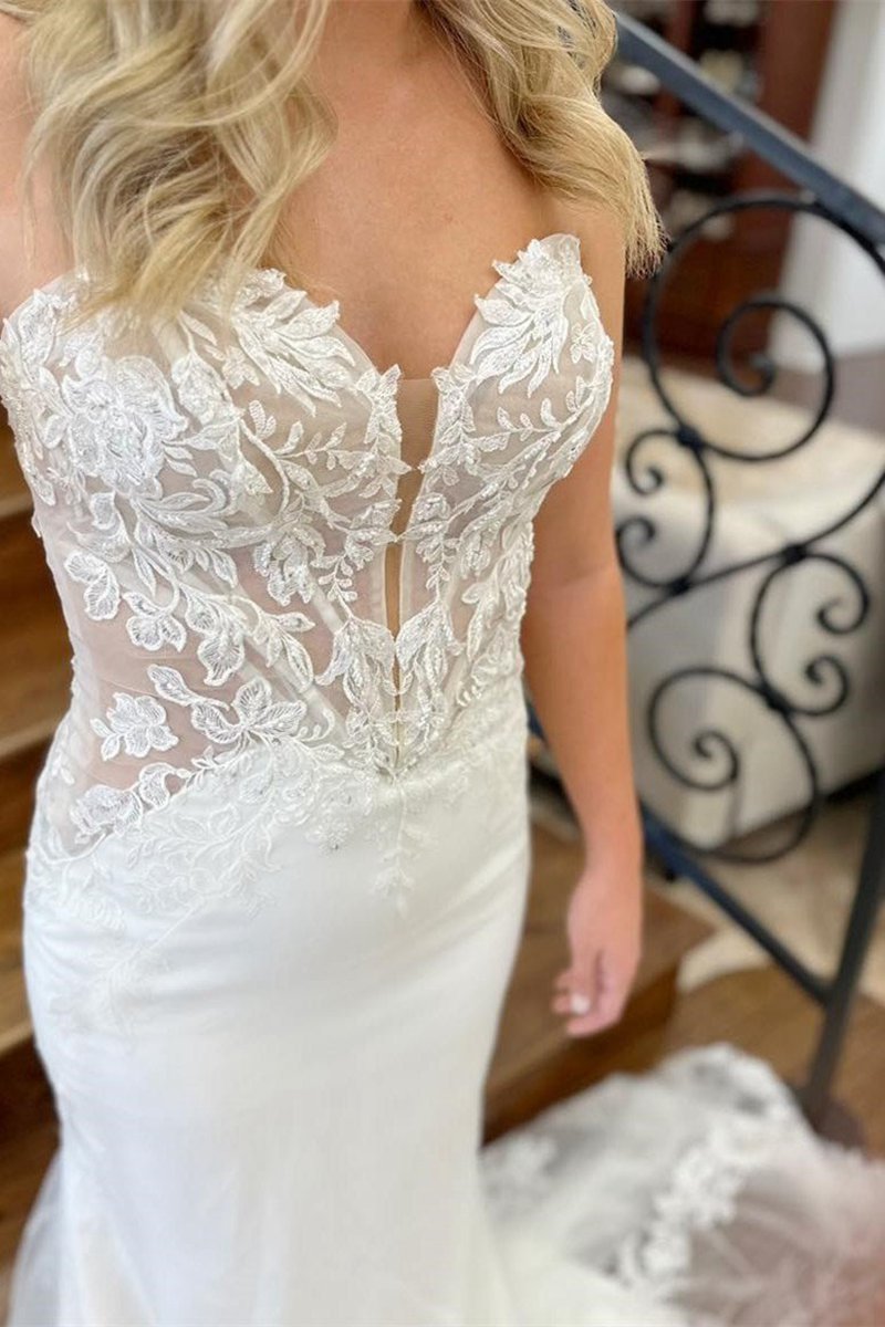Lace Strapless Appliques Mermaid Long Wedding Dresses