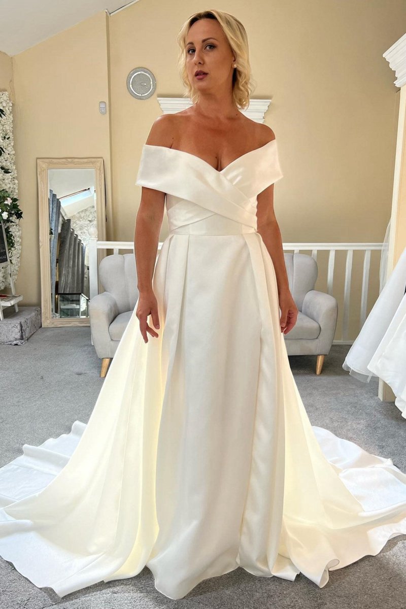 Satin Off-the-Shoulder Long Wedding Dresses with Slit