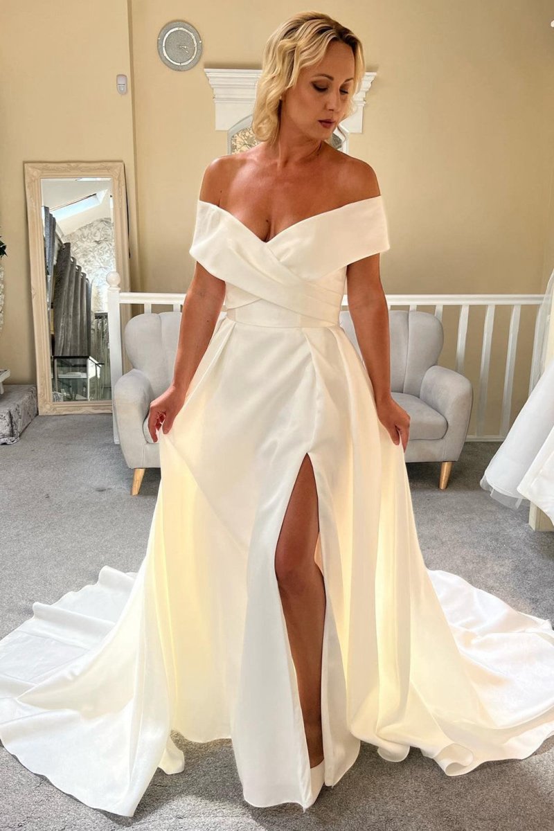 Satin Off-the-Shoulder Long Wedding Dresses with Slit