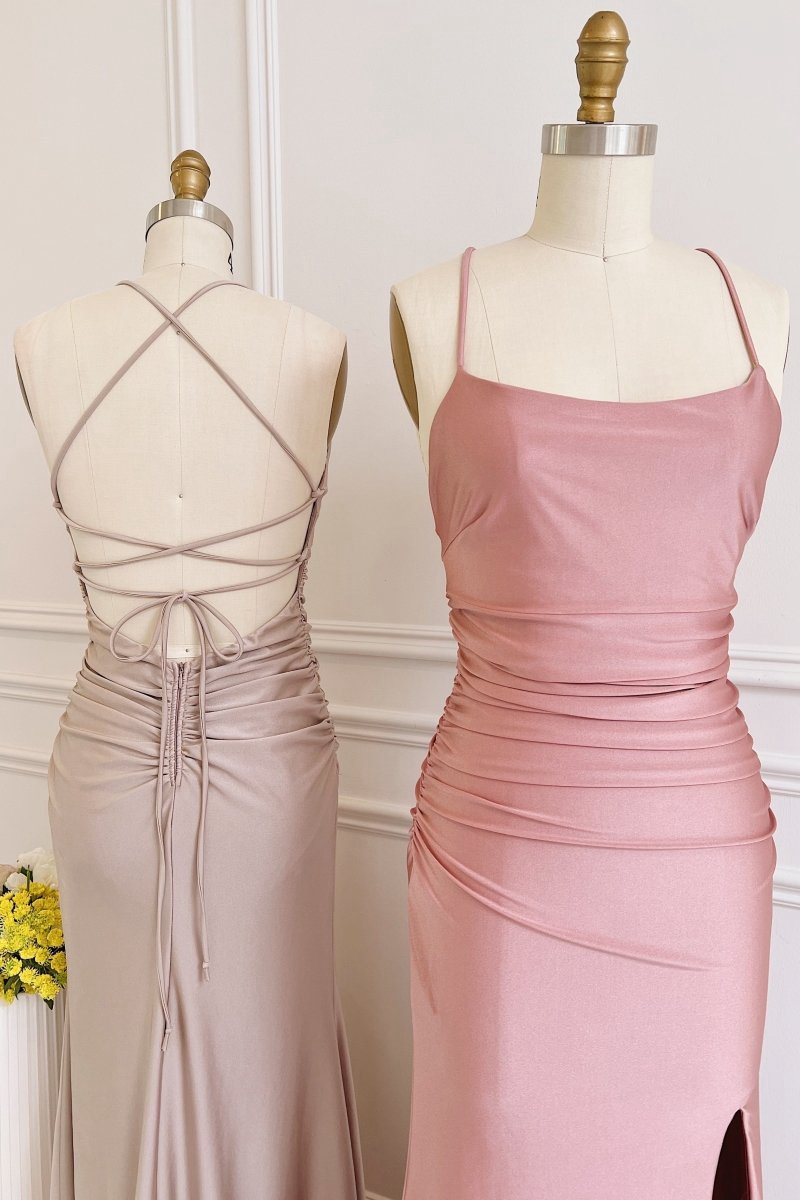 Dusty Satin Lace-Up Sheath Long Bridesmaid Dresses with Slit