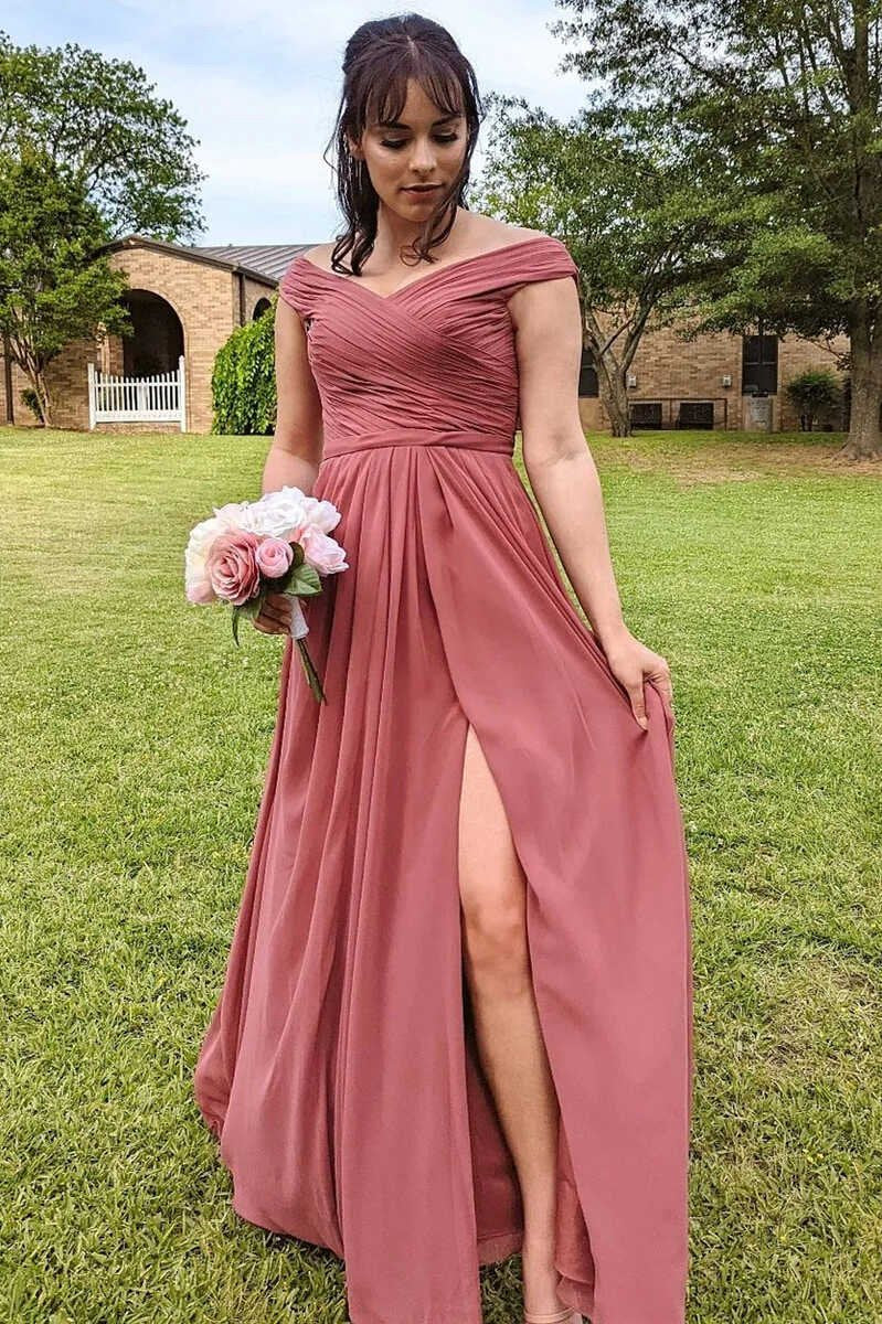 Chiffon Off-the-Shoulder Long Bridesmaid Dresses with Slit