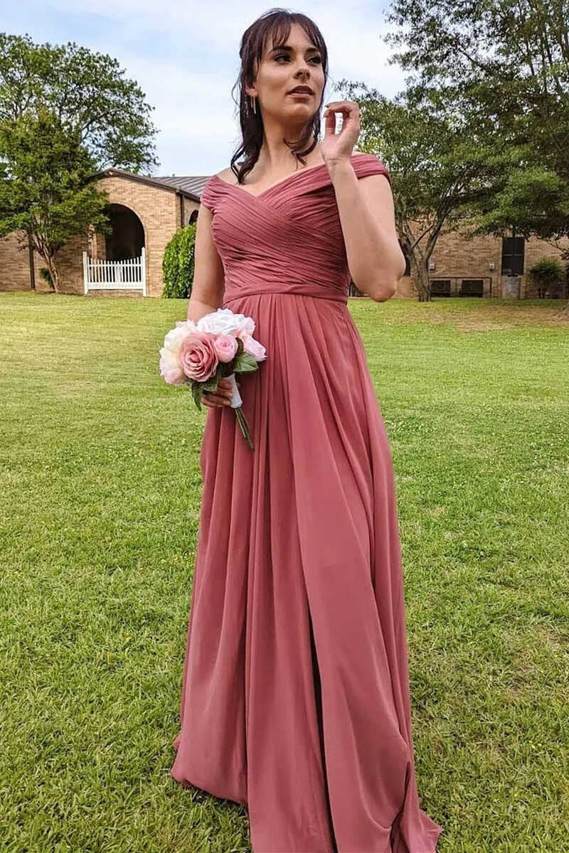 Chiffon Off-the-Shoulder Long Bridesmaid Dresses with Slit