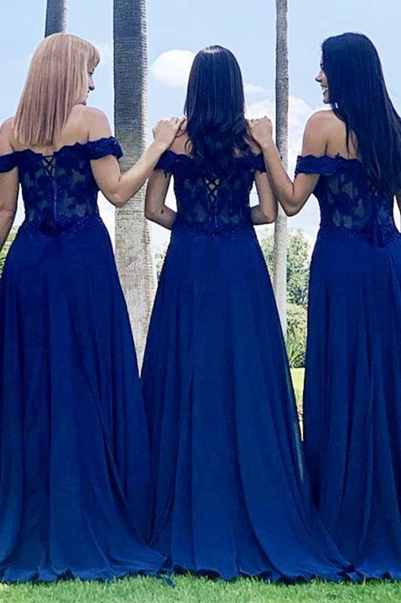 Indigo Lace Off-the-Shoulder A-line Long Bridesmaid Dresses
