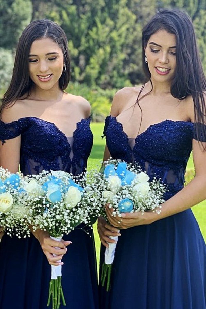 Indigo Lace Off-the-Shoulder A-line Long Bridesmaid Dresses