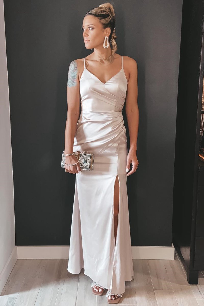 Beige V-Neck Ruched Long Bridesmaid Dresses with Slit