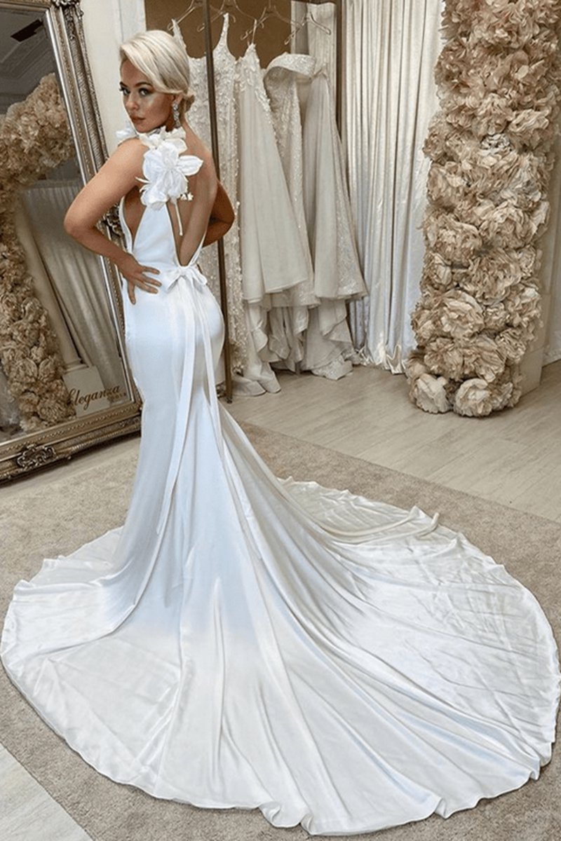Satin Backless Mermaid Wedding Dresses with Flowers