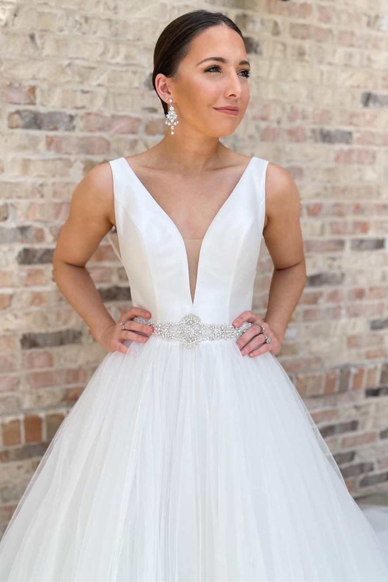 V-Neck A-line Long Wedding Dresses with Sashes