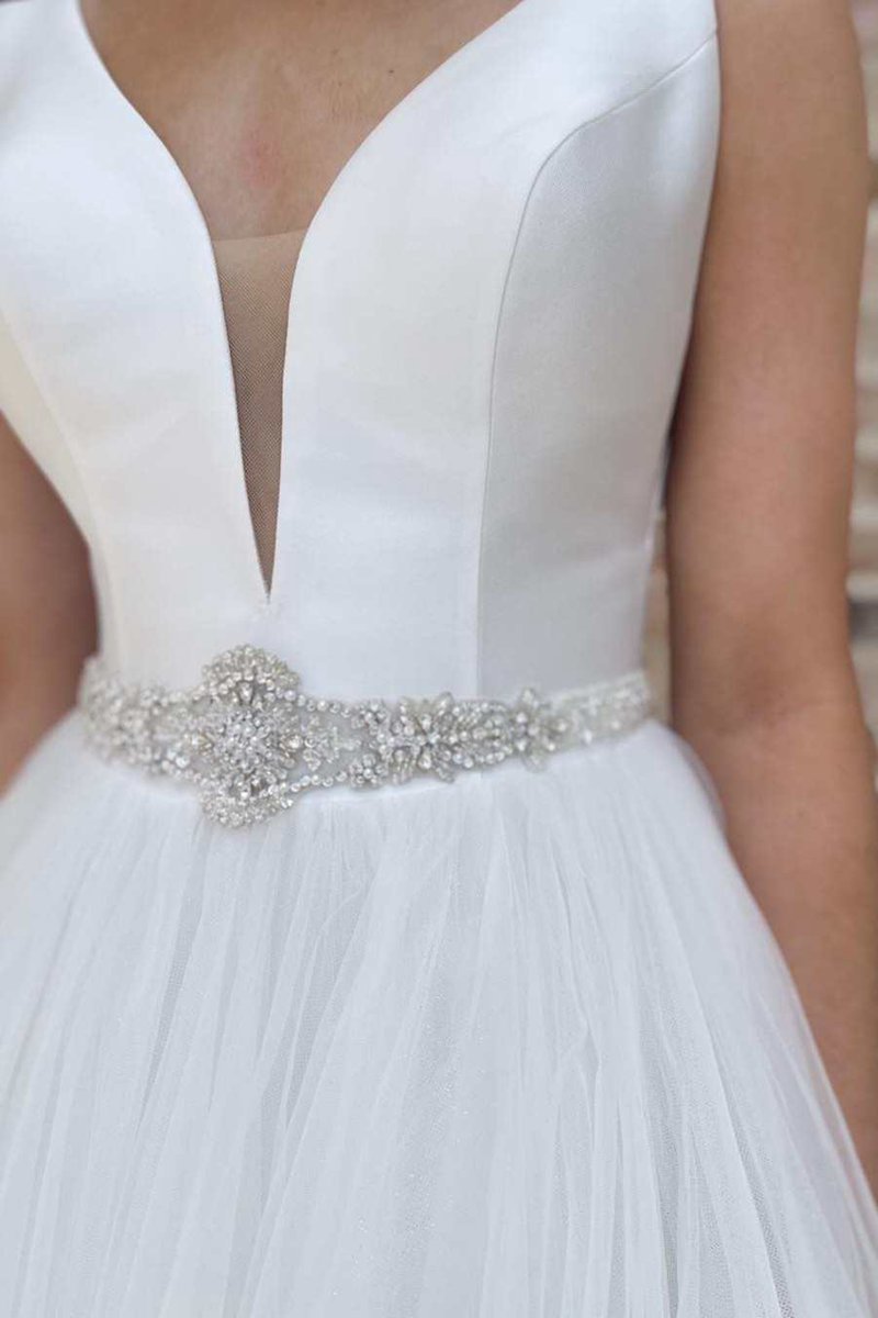 V-Neck A-line Long Wedding Dresses with Sashes