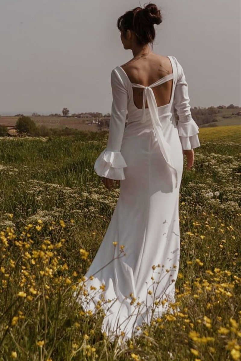 Square Neck Long Sleeve Long Wedding Dresses with Slit