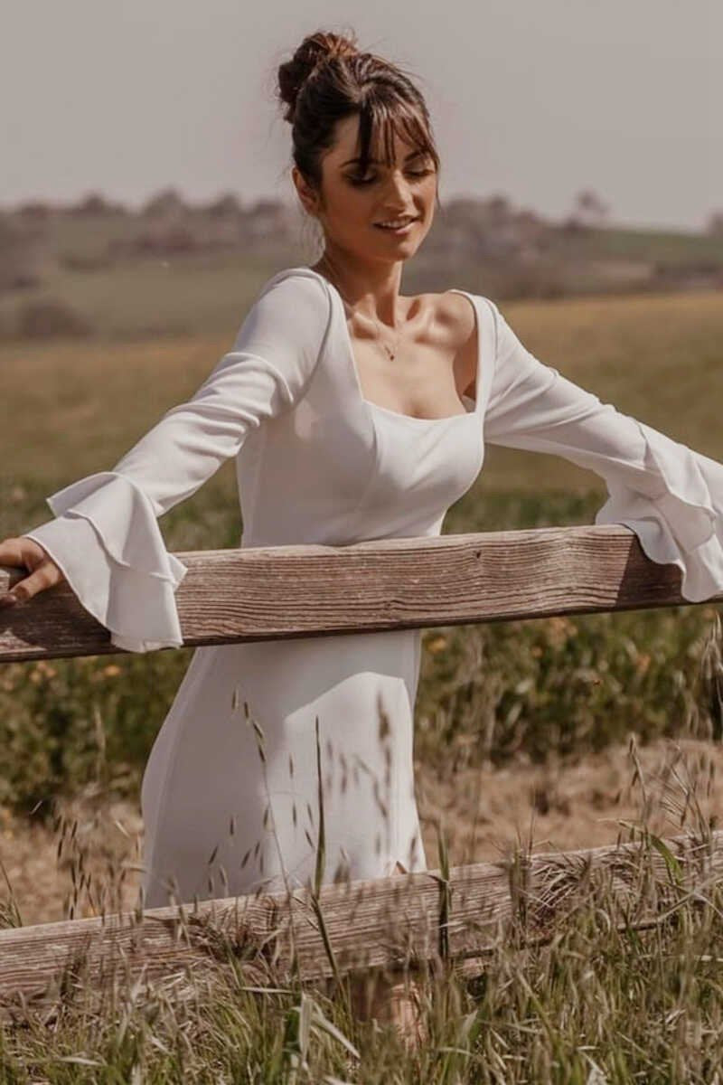 Square Neck Long Sleeve Long Wedding Dresses with Slit