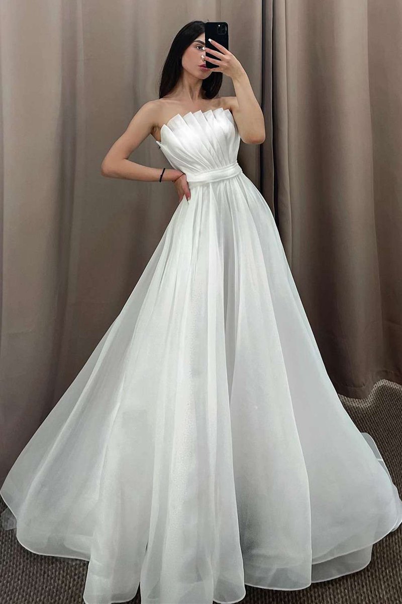Off the Shoulder Pleated A-line Long Wedding Dresses with Sleeves