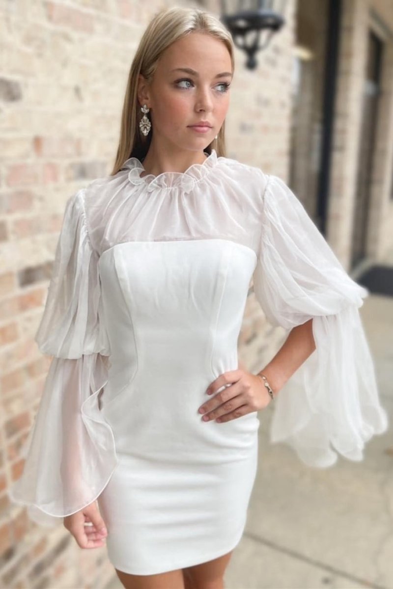 Sheath Illusion Neck Long Sleeve Short Wedding Dresses