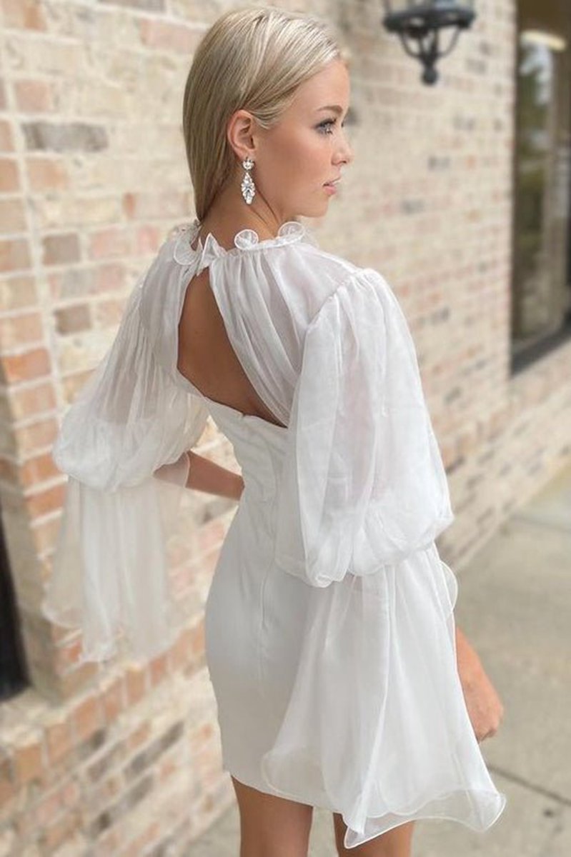 Sheath Illusion Neck Long Sleeve Short Wedding Dresses
