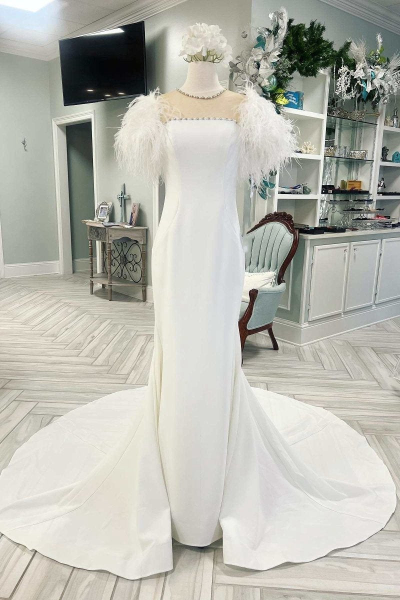 Feather Illusion Neck Mermaid Long Wedding Dresses