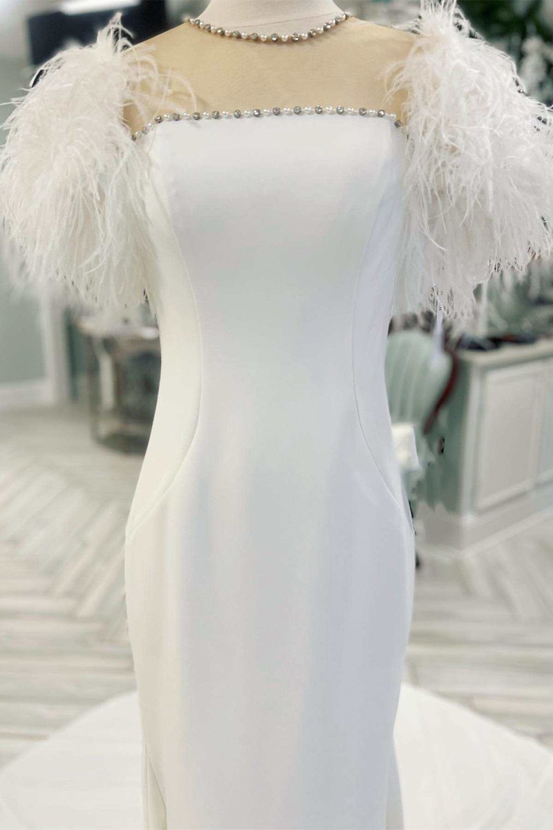 Feather Illusion Neck Mermaid Long Wedding Dresses