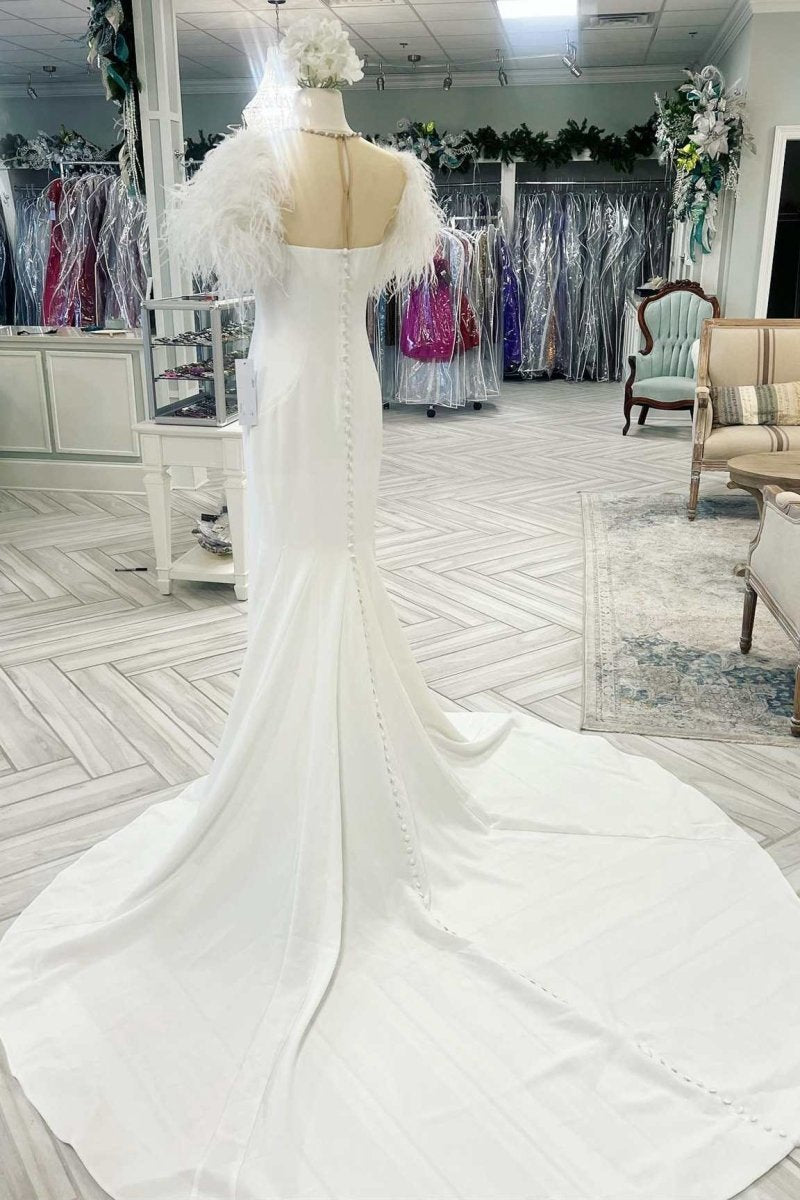 Feather Illusion Neck Mermaid Long Wedding Dresses