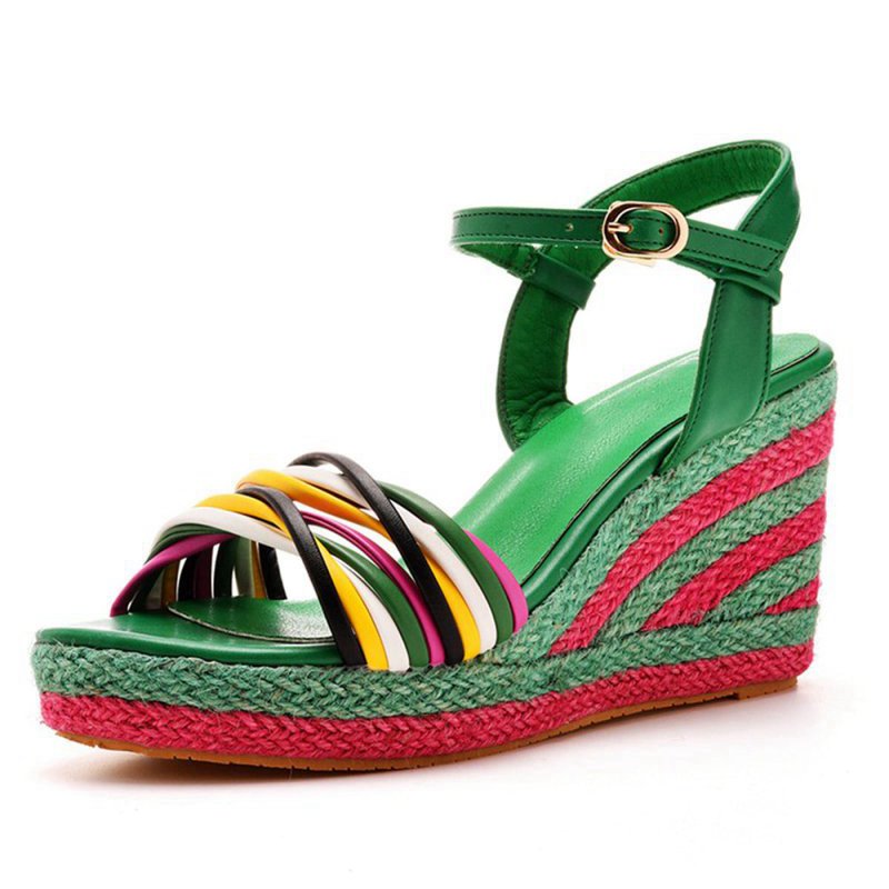 Bohemian Open Toe Platform Sandals Woven Straw Wedges