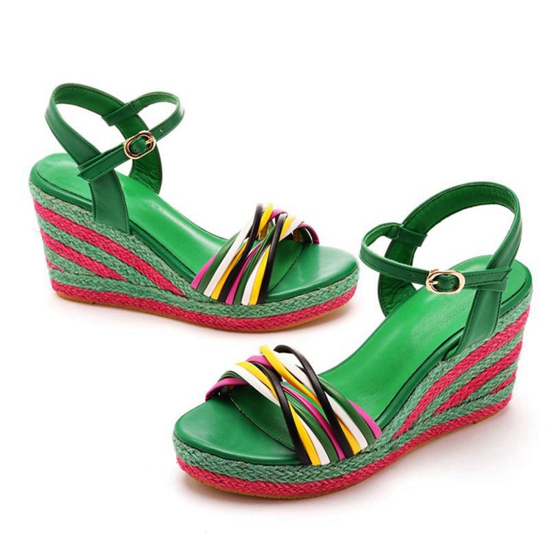 Bohemian Open Toe Platform Sandals Woven Straw Wedges