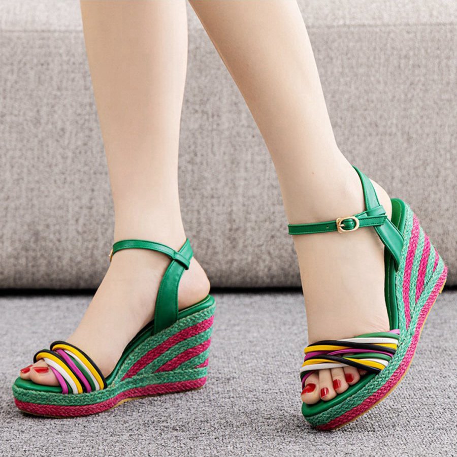 Bohemian Open Toe Platform Sandals Woven Straw Wedges
