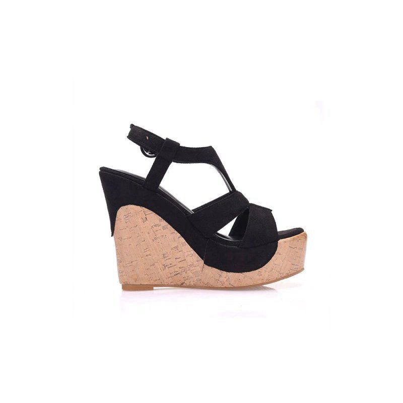 Suede Wood Grain Peep Toe Platform Wedges Sandals