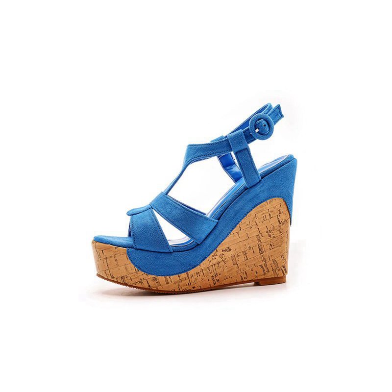 Suede Wood Grain Peep Toe Platform Wedges Sandals