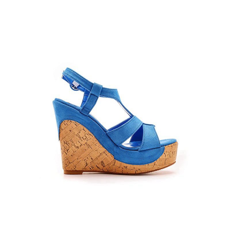 Suede Wood Grain Peep Toe Platform Wedges Sandals