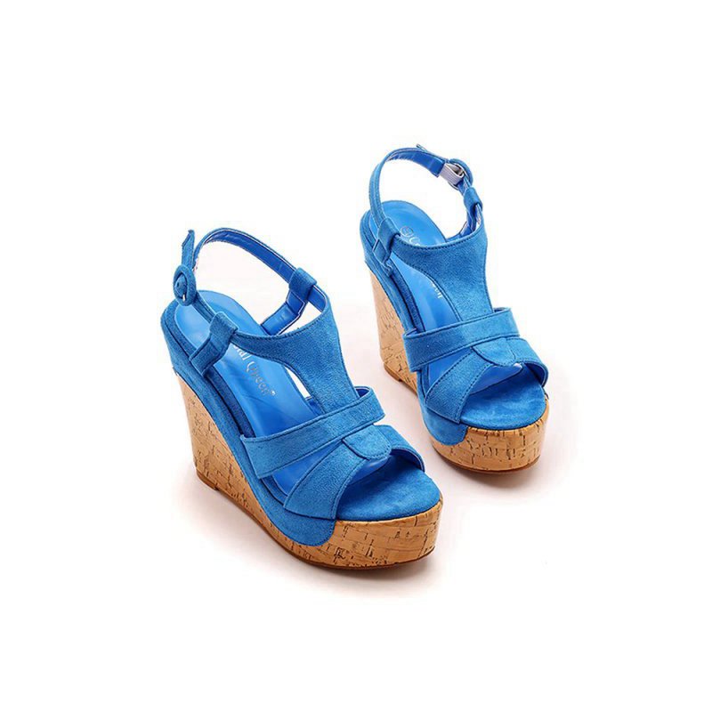 Suede Wood Grain Peep Toe Platform Wedges Sandals