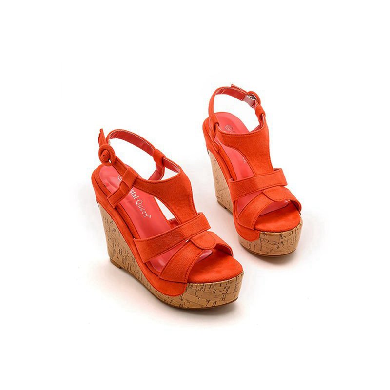 Suede Wood Grain Peep Toe Platform Wedges Sandals