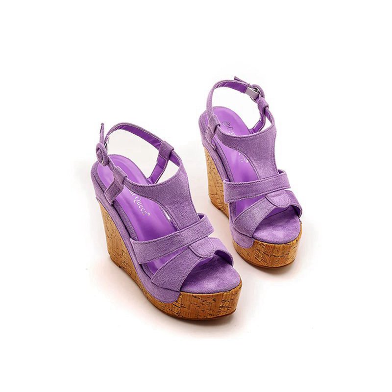 Suede Wood Grain Peep Toe Platform Wedges Sandals
