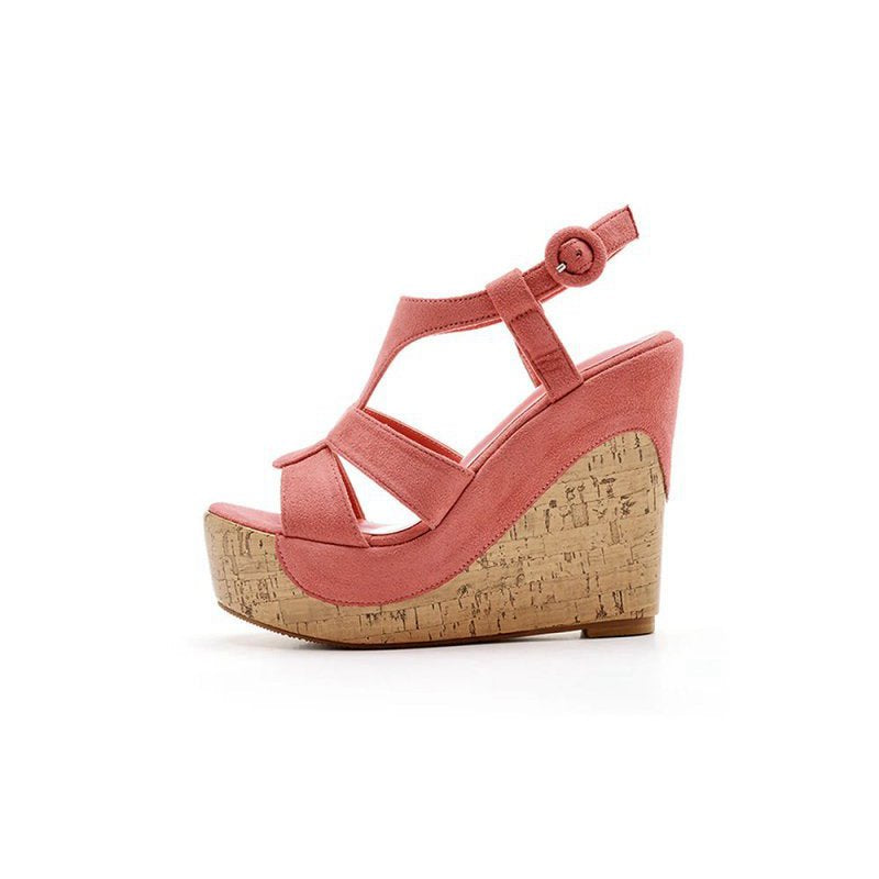 Suede Wood Grain Peep Toe Platform Wedges Sandals