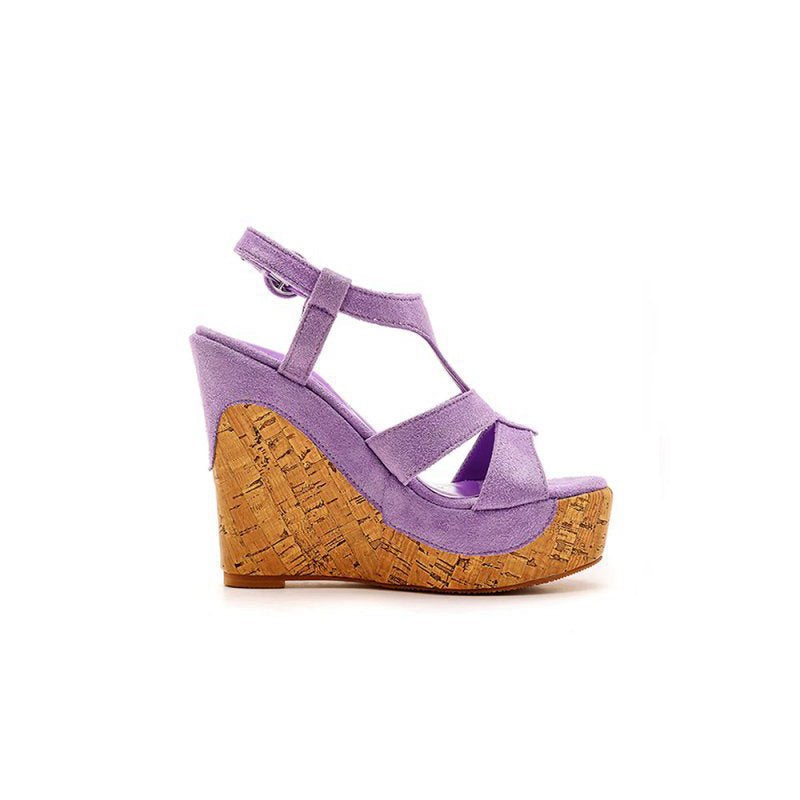 Suede Wood Grain Peep Toe Platform Wedges Sandals