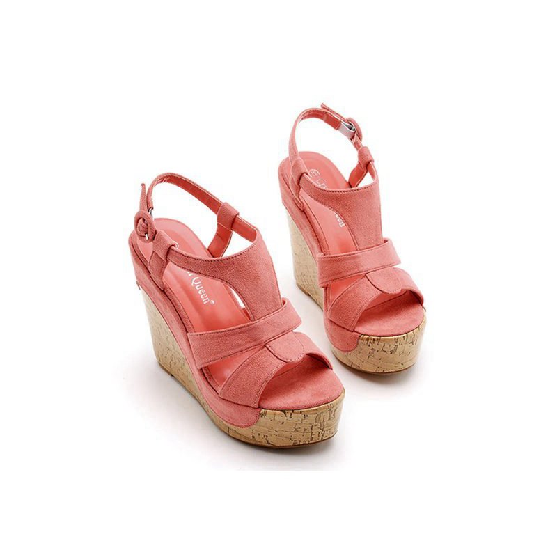 Suede Wood Grain Peep Toe Platform Wedges Sandals
