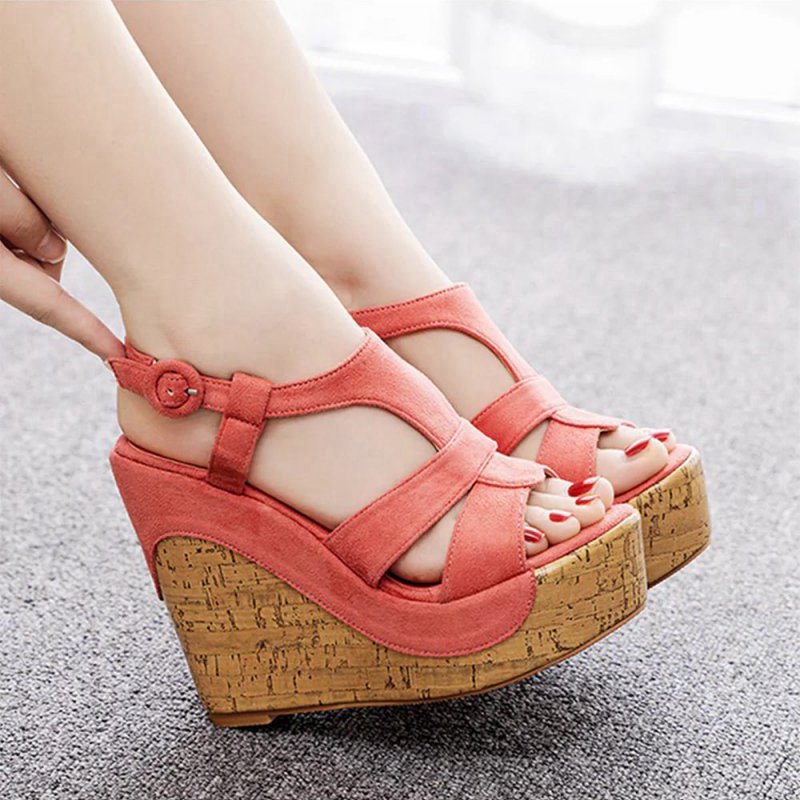 Suede Wood Grain Peep Toe Platform Wedges Sandals