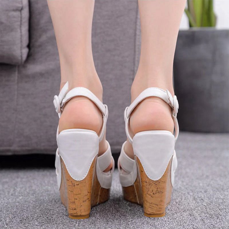Suede Wood Grain Peep Toe Platform Wedges Sandals