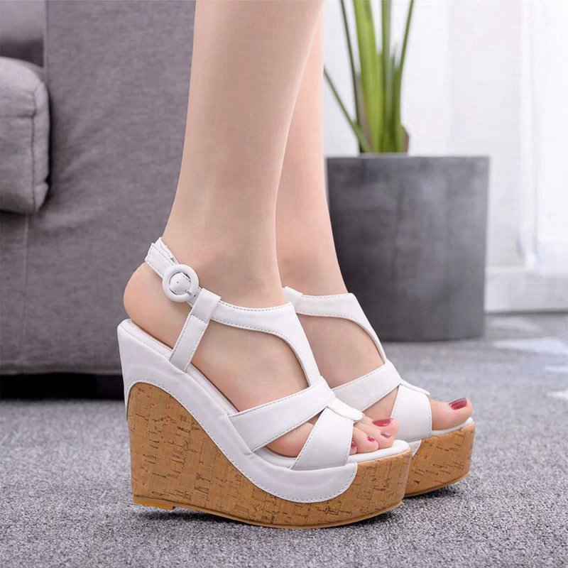 Suede Wood Grain Peep Toe Platform Wedges Sandals