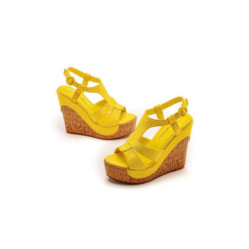 Suede Wood Grain Peep Toe Platform Wedges Sandals