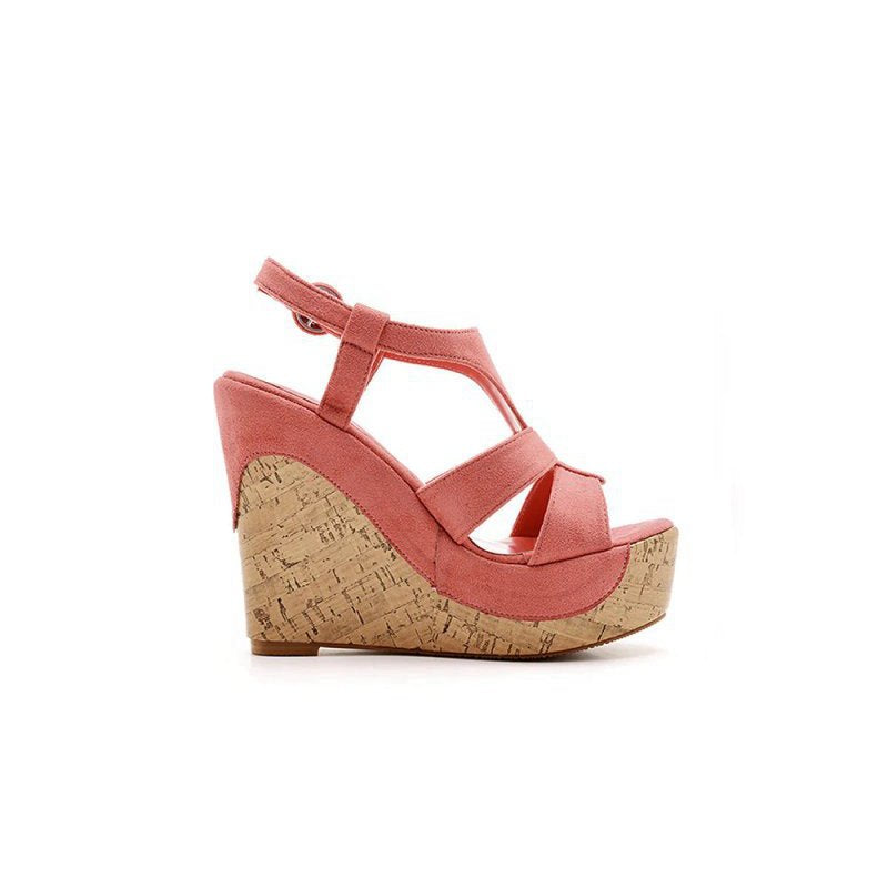 Suede Wood Grain Peep Toe Platform Wedges Sandals