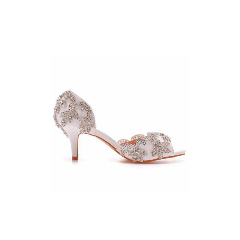 Peep Toe Satin Rhinestone Slip On High Heels