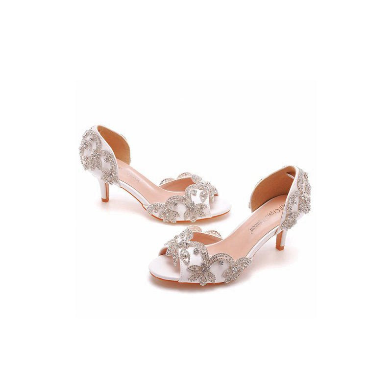 Peep Toe Satin Rhinestone Slip On High Heels