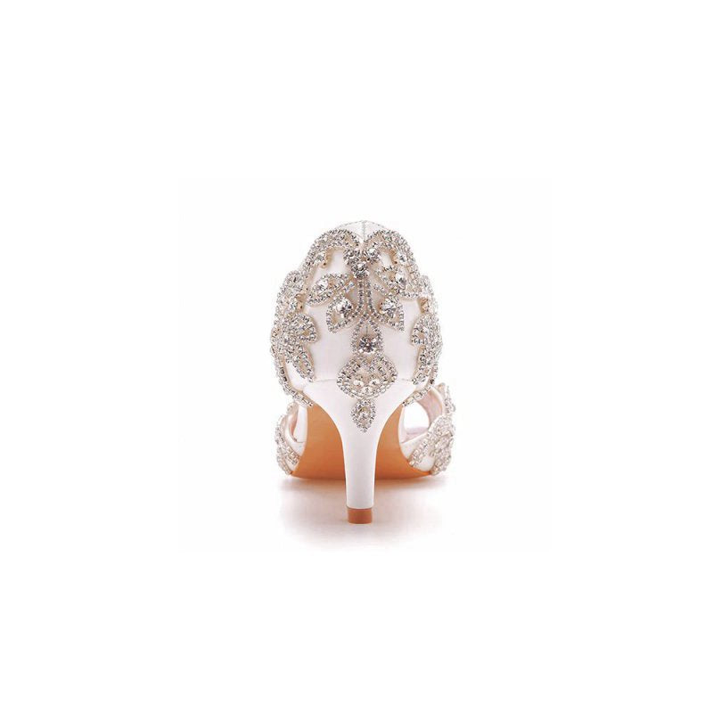 Peep Toe Satin Rhinestone Slip On High Heels