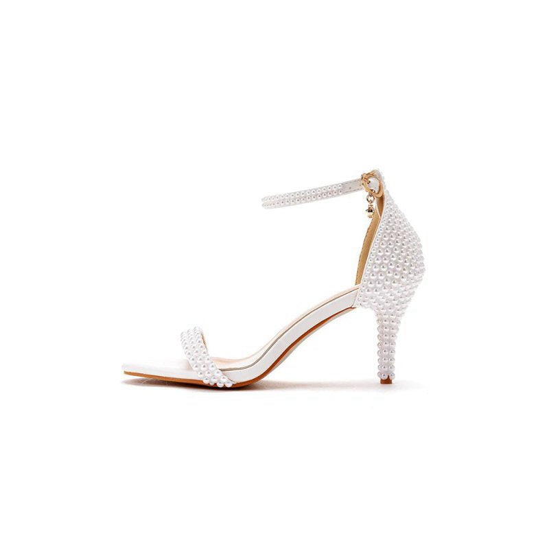 Open Toe Pearl Ankle Strap Wedding High Heels