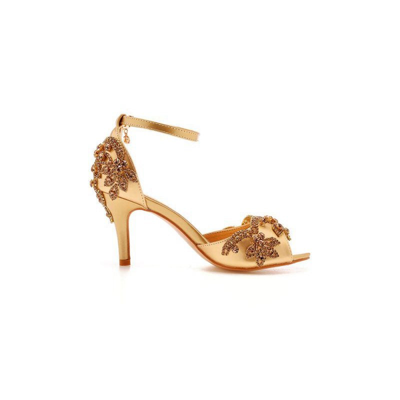 Peep Toe Satin Rhinestone Ankle Strap High Heels