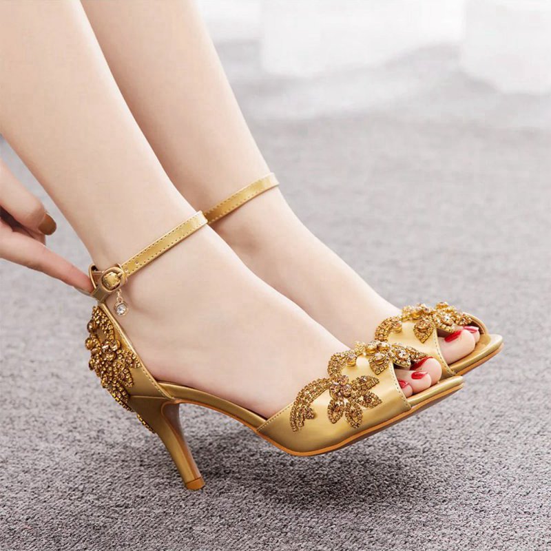 Peep Toe Satin Rhinestone Ankle Strap High Heels