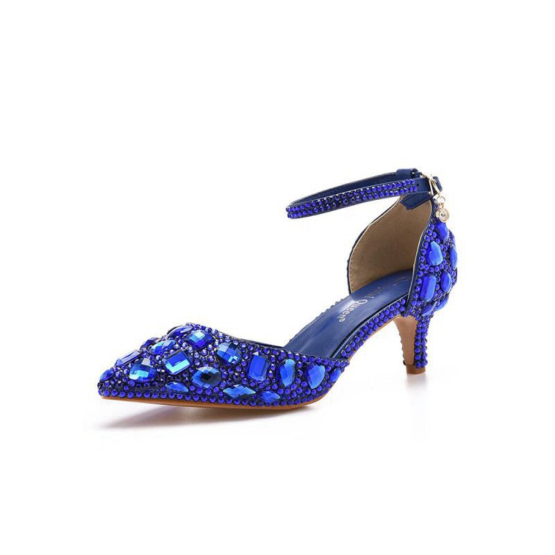 Pointed Toe Crystal Diamond Ankle Strap Kitten Heels