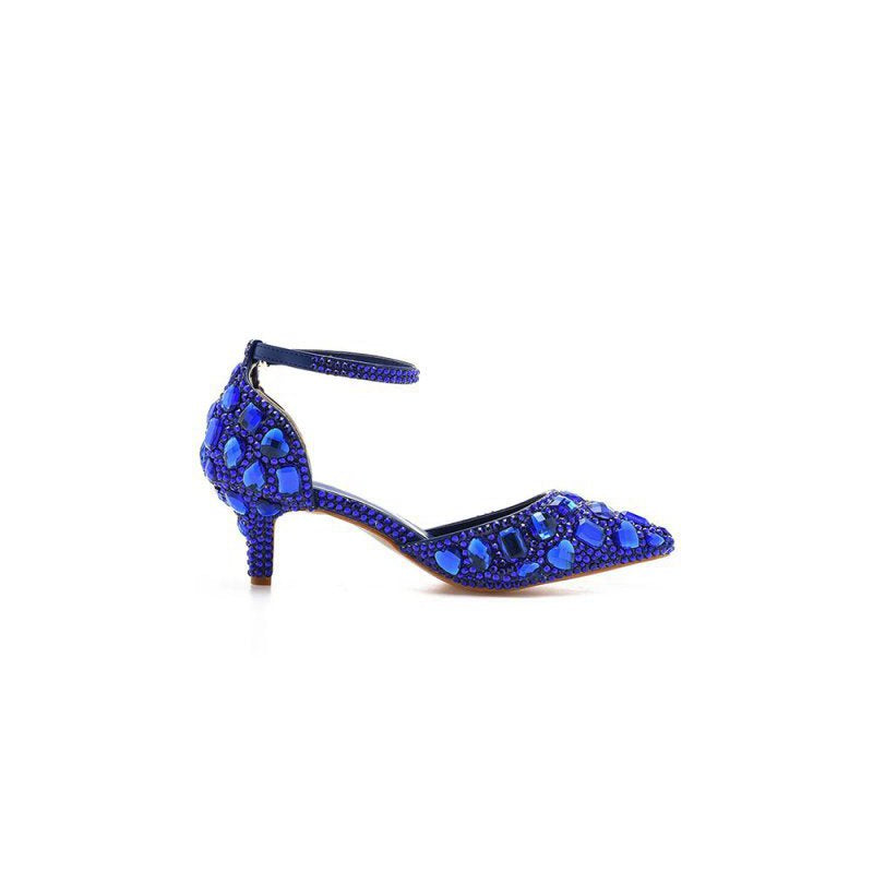 Pointed Toe Crystal Diamond Ankle Strap Kitten Heels