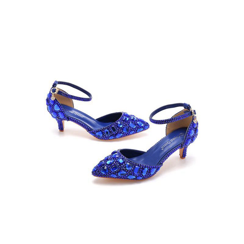 Pointed Toe Crystal Diamond Ankle Strap Kitten Heels