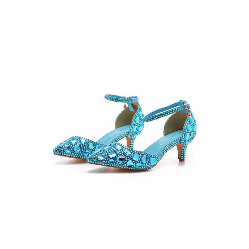 Pointed Toe Crystal Diamond Ankle Strap Kitten Heels