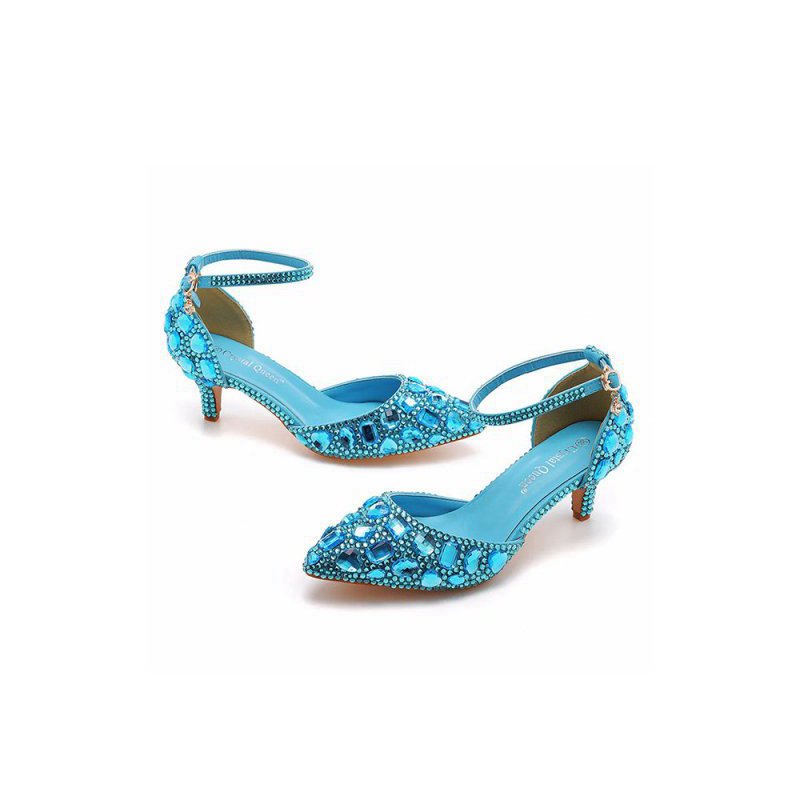 Pointed Toe Crystal Diamond Ankle Strap Kitten Heels